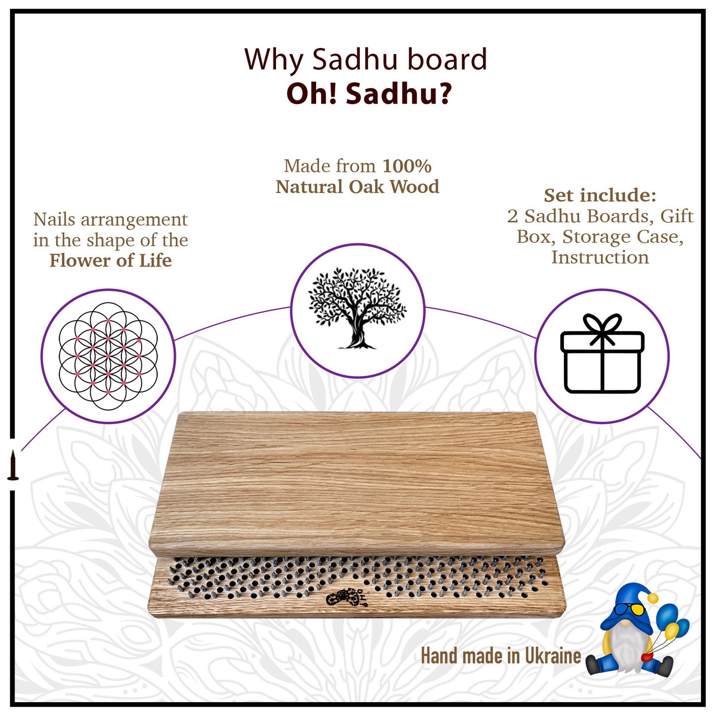 A visual representation of a Sadhu board made from 100% natural oak wood. The image highlights key features including nails arranged in the shape of the Flower of Life, a natural wood design with a Tree of Life engraving, and a set that includes two Sadhu boards, a gift box, a storage case, and an instruction manual. The Sadhu board is handmade in Ukraine, providing a spiritual and grounding experience for users.