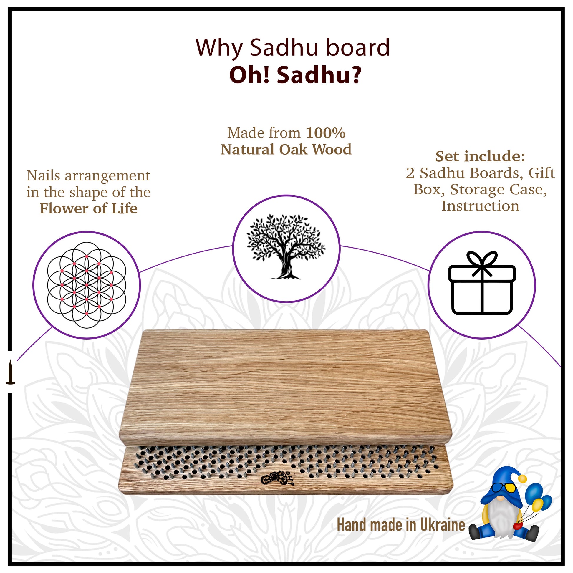 A visual representation of a Sadhu board made from 100% natural oak wood. The image highlights key features including nails arranged in the shape of the Flower of Life, a natural wood design with a Tree of Life engraving, and a set that includes two Sadhu boards, a gift box, a storage case, and an instruction manual. The Sadhu board is handmade in Ukraine, providing a spiritual and grounding experience for users.