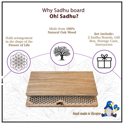 A visual representation of a Sadhu board made from 100% natural oak wood. The image highlights key features including nails arranged in the shape of the Flower of Life, a natural wood design with a Tree of Life engraving, and a set that includes two Sadhu boards, a gift box, a storage case, and an instruction manual. The Sadhu board is handmade in Ukraine, providing a spiritual and grounding experience for users.