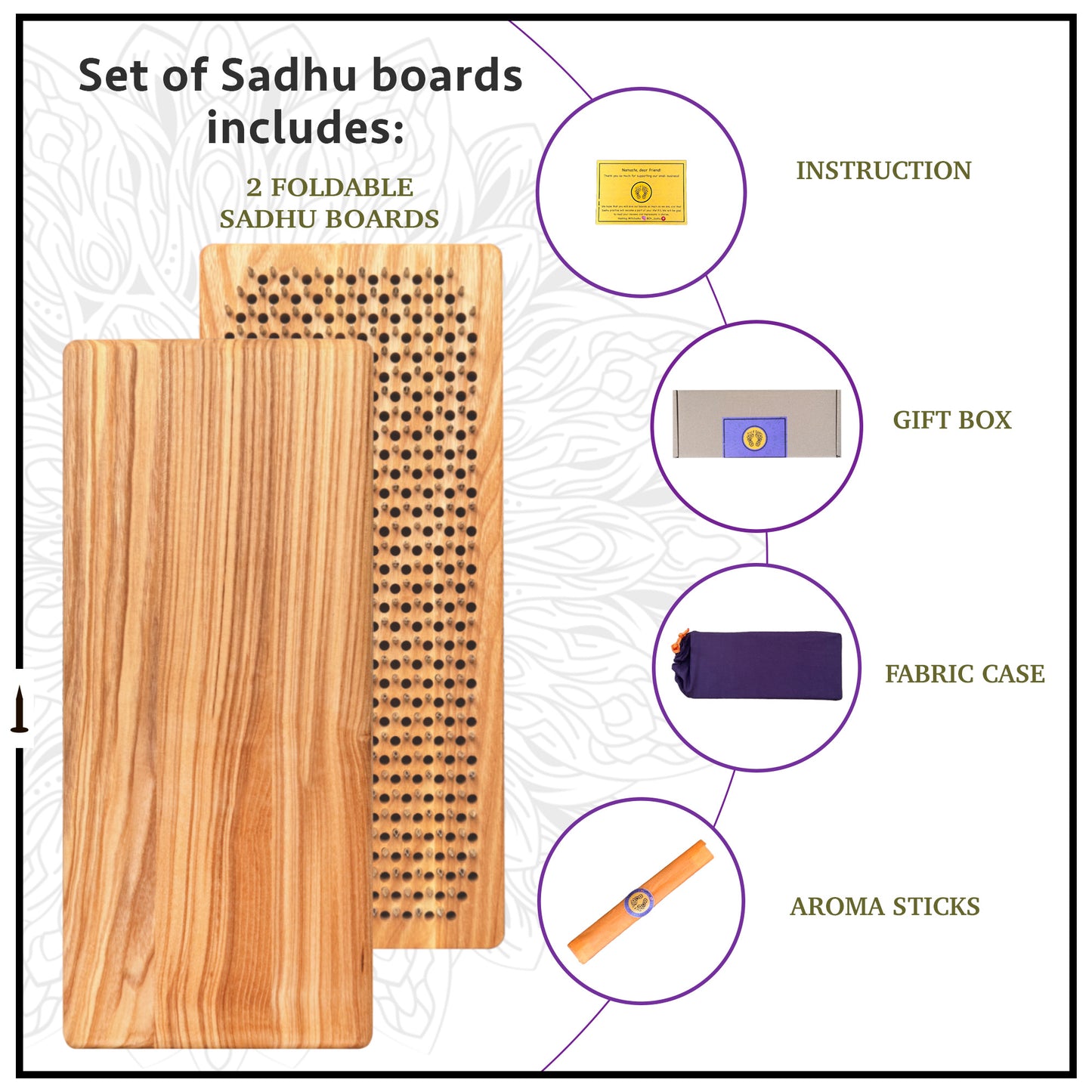 sadhu board set includes gift box, pouch, 2 sadhu boards, aroma stick, instruction with background with mandala