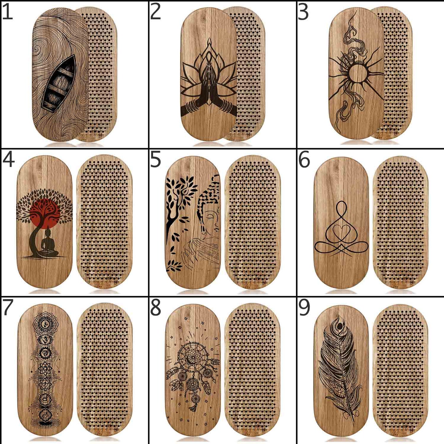 A 3x3 grid showing nine different sadhu boards designs, each with two views: one with a laser-engraved wood pattern (boat, lotus, snake, tree, Buddha, meditation symbol, mandala, dreamcatcher, feather) and one with a textured honeycomb pattern. 