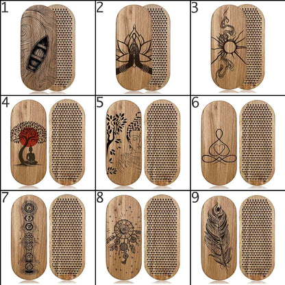 A 3x3 grid showing nine different sadhu boards designs, each with two views: one with a laser-engraved wood pattern (boat, lotus, snake, tree, Buddha, meditation symbol, mandala, dreamcatcher, feather) and one with a textured honeycomb pattern. 