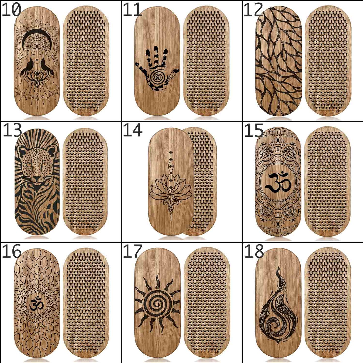 A 3x3 grid showing 9 different oval sadhu boards with various engraved designs, including Om symbols, lotus flowers, suns, hands, and animal motifs, displayed on a white background with black grid lines.