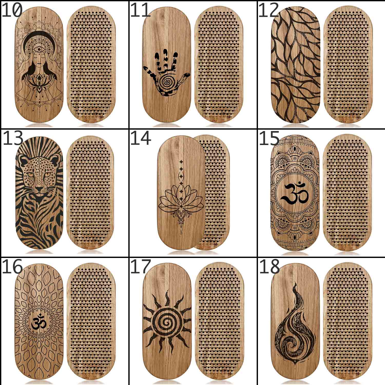 A 3x3 grid showing 9 different oval sadhu boards with various engraved designs, including Om symbols, lotus flowers, suns, hands, and animal motifs, displayed on a white background with black grid lines.