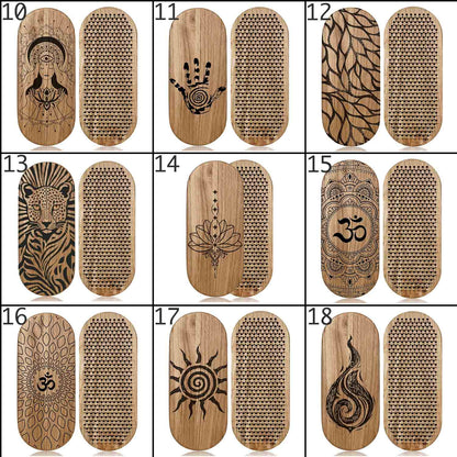 A 3x3 grid showing 9 different oval sadhu boards with various engraved designs, including Om symbols, lotus flowers, suns, hands, and animal motifs, displayed on a white background with black grid lines.