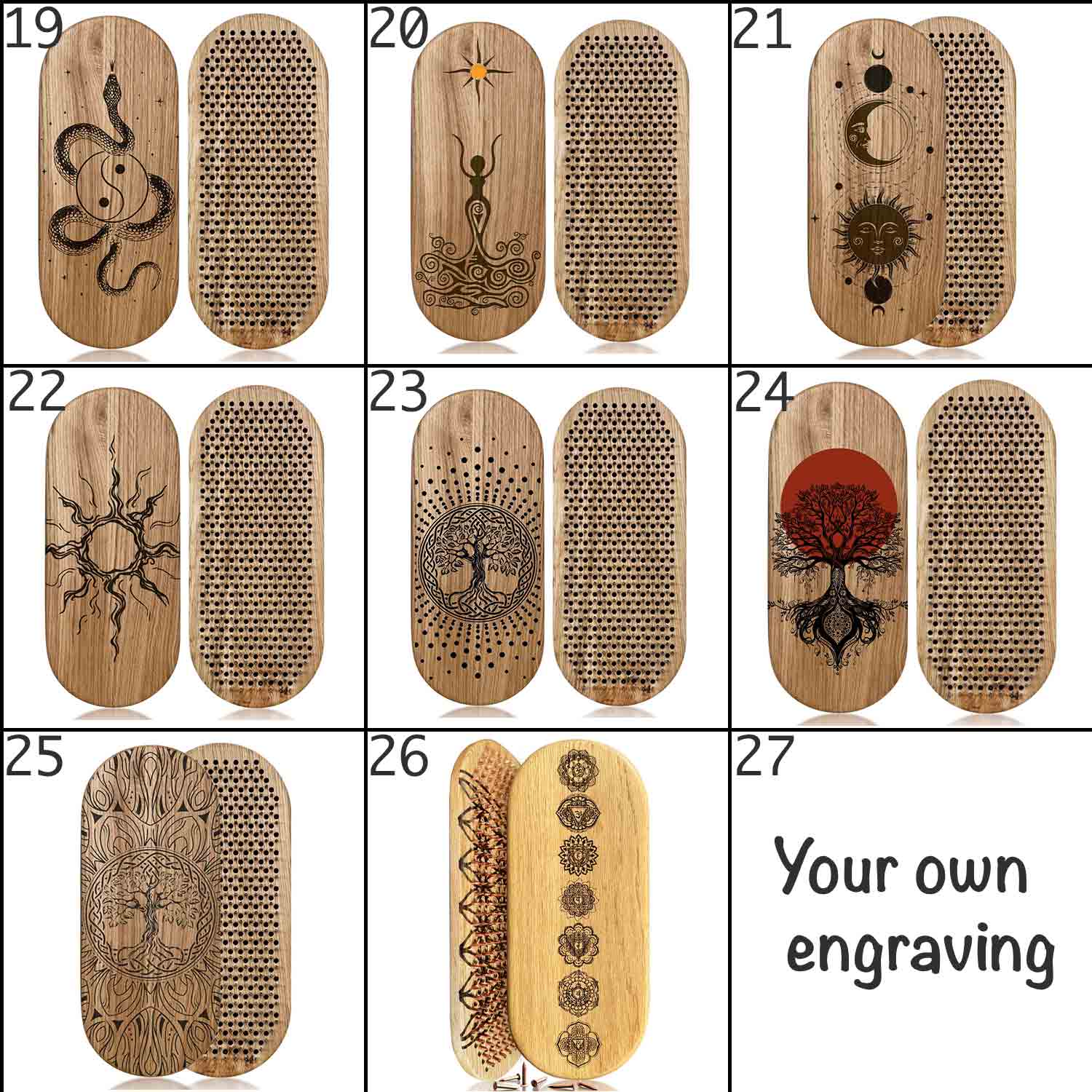 A 9-panel product collage showing multiple engraved sadhu boards nails with different designs, including a snake, a meditative figure, moon and sun symbols, a sunburst, a tree of life, a red tree, and a chakra pattern.