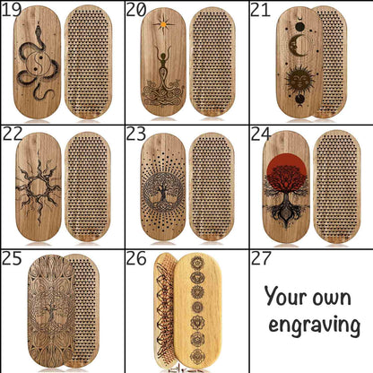 A 9-panel product collage showing multiple engraved sadhu boards nails with different designs, including a snake, a meditative figure, moon and sun symbols, a sunburst, a tree of life, a red tree, and a chakra pattern.