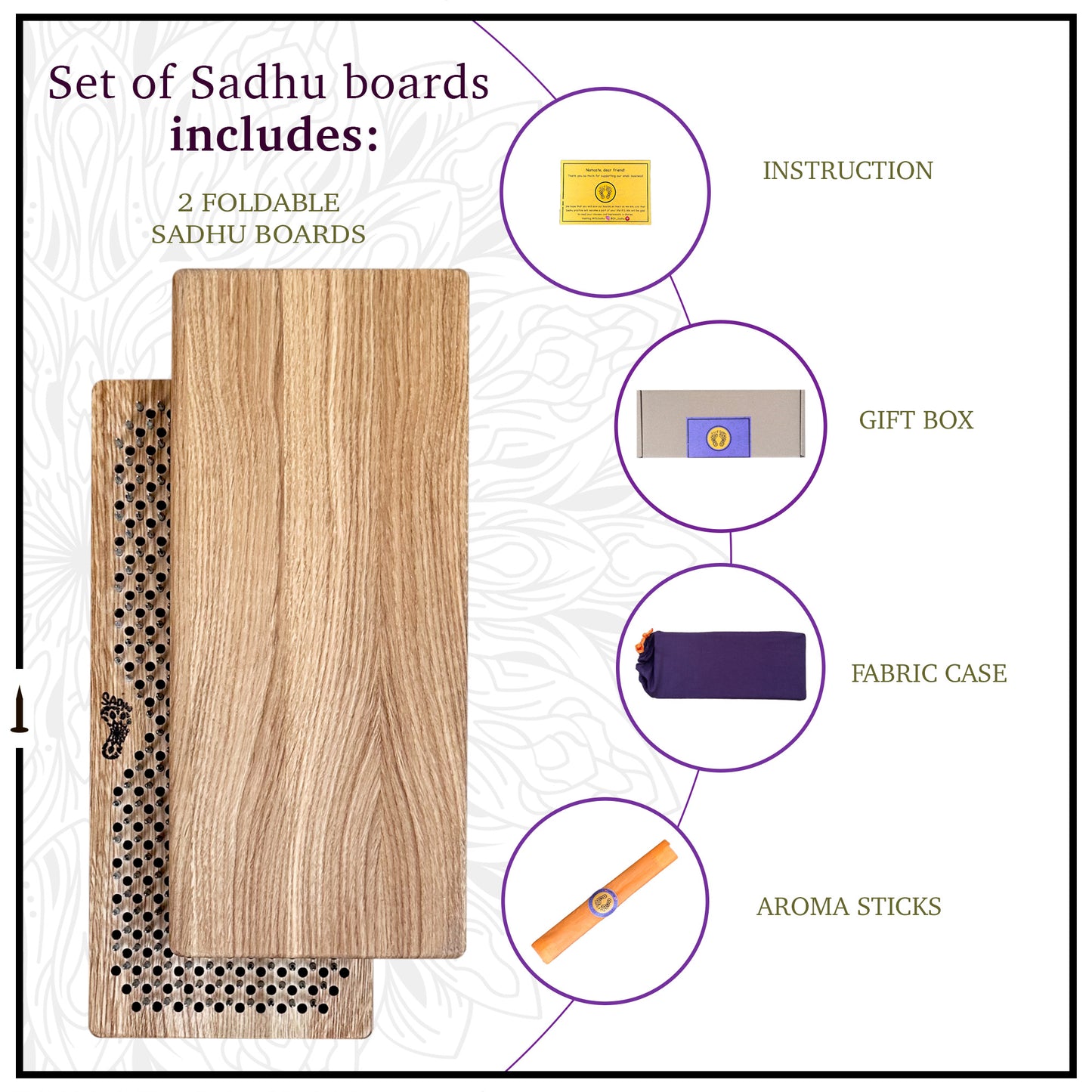 Complete set of Sadhu boards crafted from natural oak wood. The set includes two foldable boards with a Flower of Life nail arrangement, a high-quality gift box, a fabric storage case, detailed instructions, and a set of aromatic sticks. The boards are durable and designed for a deep meditative experience, presented in premium packaging perfect for gifting.