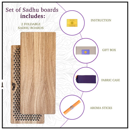 Complete set of Sadhu boards crafted from natural oak wood. The set includes two foldable boards with a Flower of Life nail arrangement, a high-quality gift box, a fabric storage case, detailed instructions, and a set of aromatic sticks. The boards are durable and designed for a deep meditative experience, presented in premium packaging perfect for gifting.