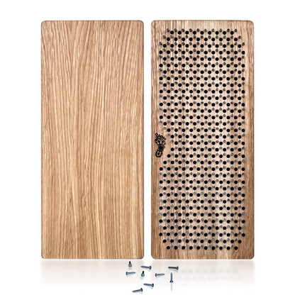 view two sides of oak wood sadhu board with nails arranged in shape Flower of Life. with foot logo inside the sadhu board with nails