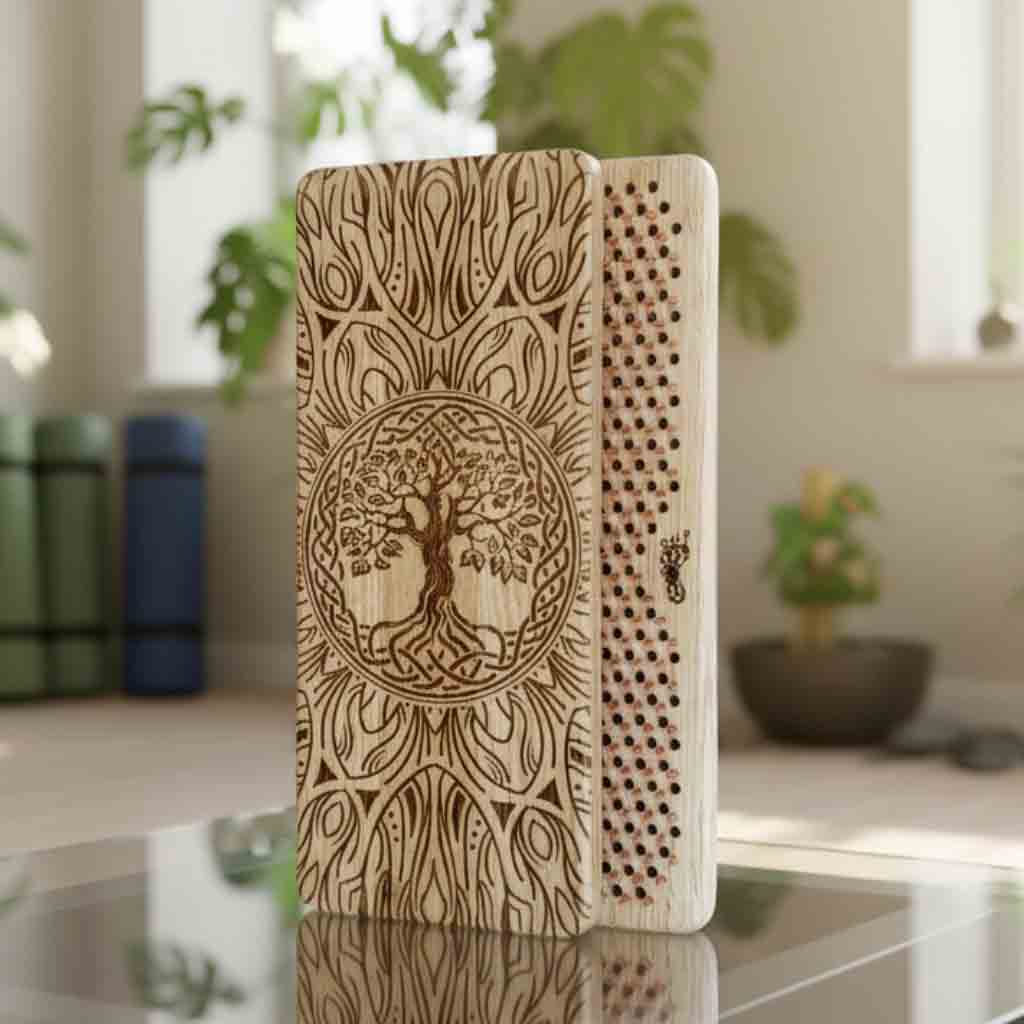 sadhu board with copper nails with tree of life design on a reflective surface in yoga studio