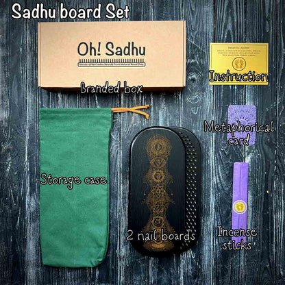 Set of Sadhu board for yoga includes gift box, fabric case, 2 nail boards, instruction, metaphorical card, incense sticks