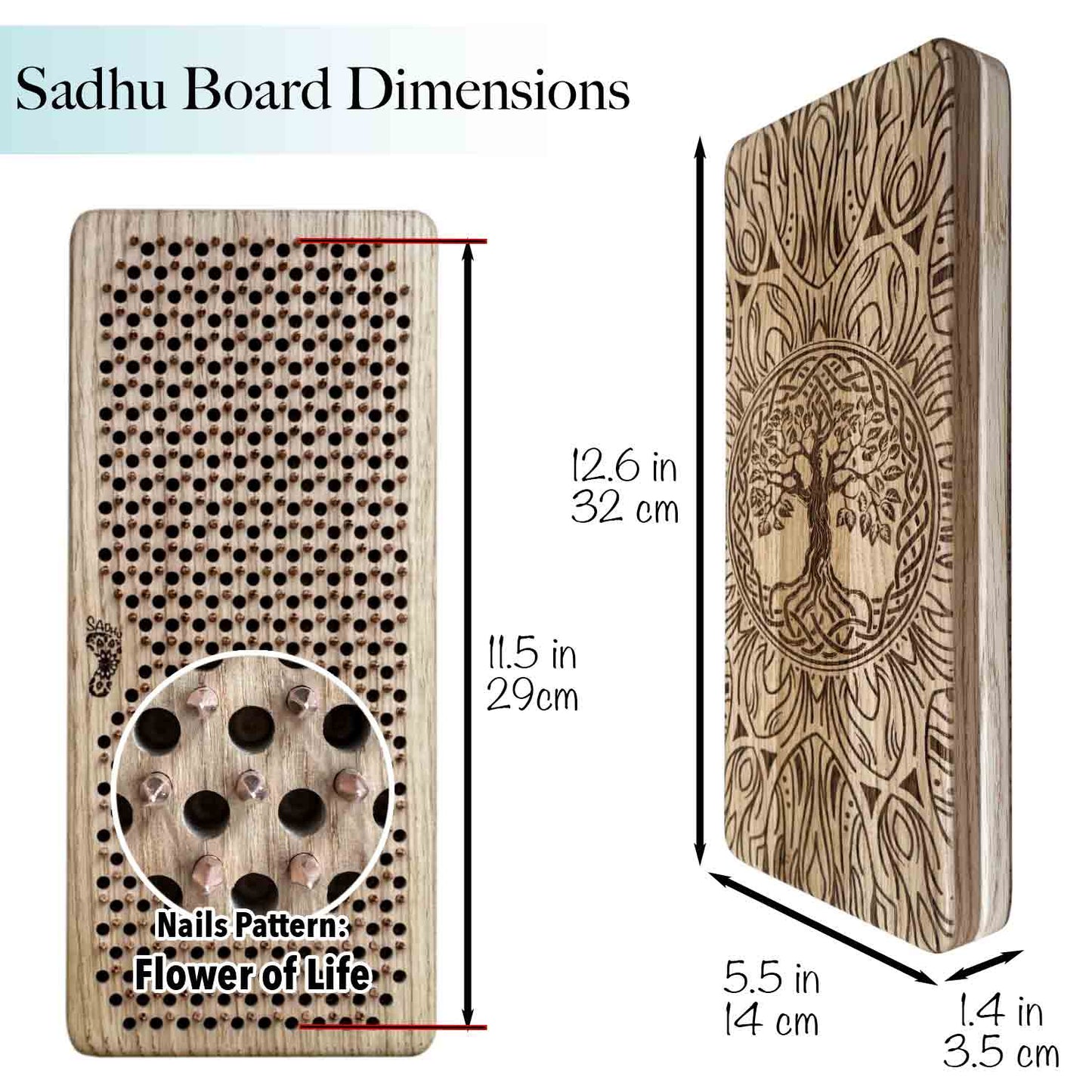 Sadhu board with copper nails and tree of life design, showing dimensions.