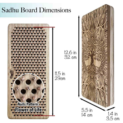 Sadhu board with copper nails and tree of life design, showing dimensions.