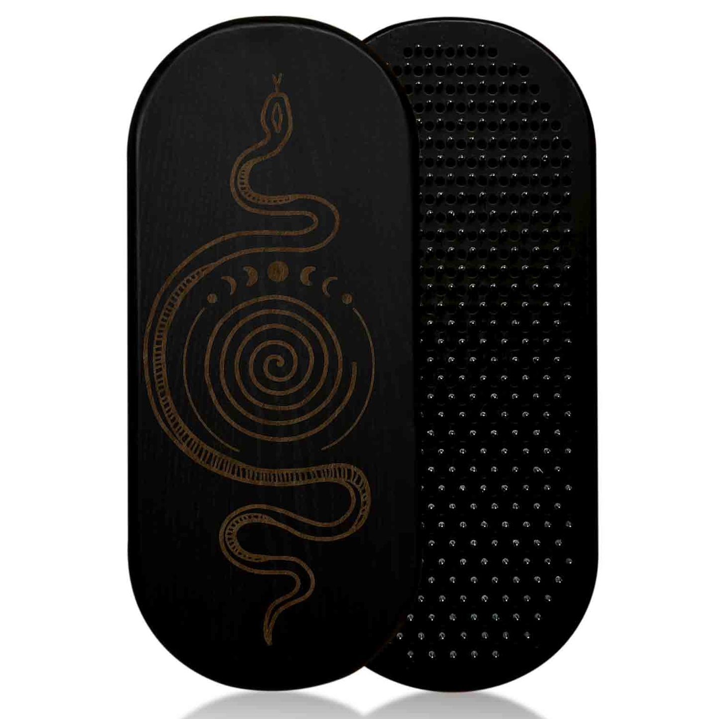Black sadhu board with snake design on a white background