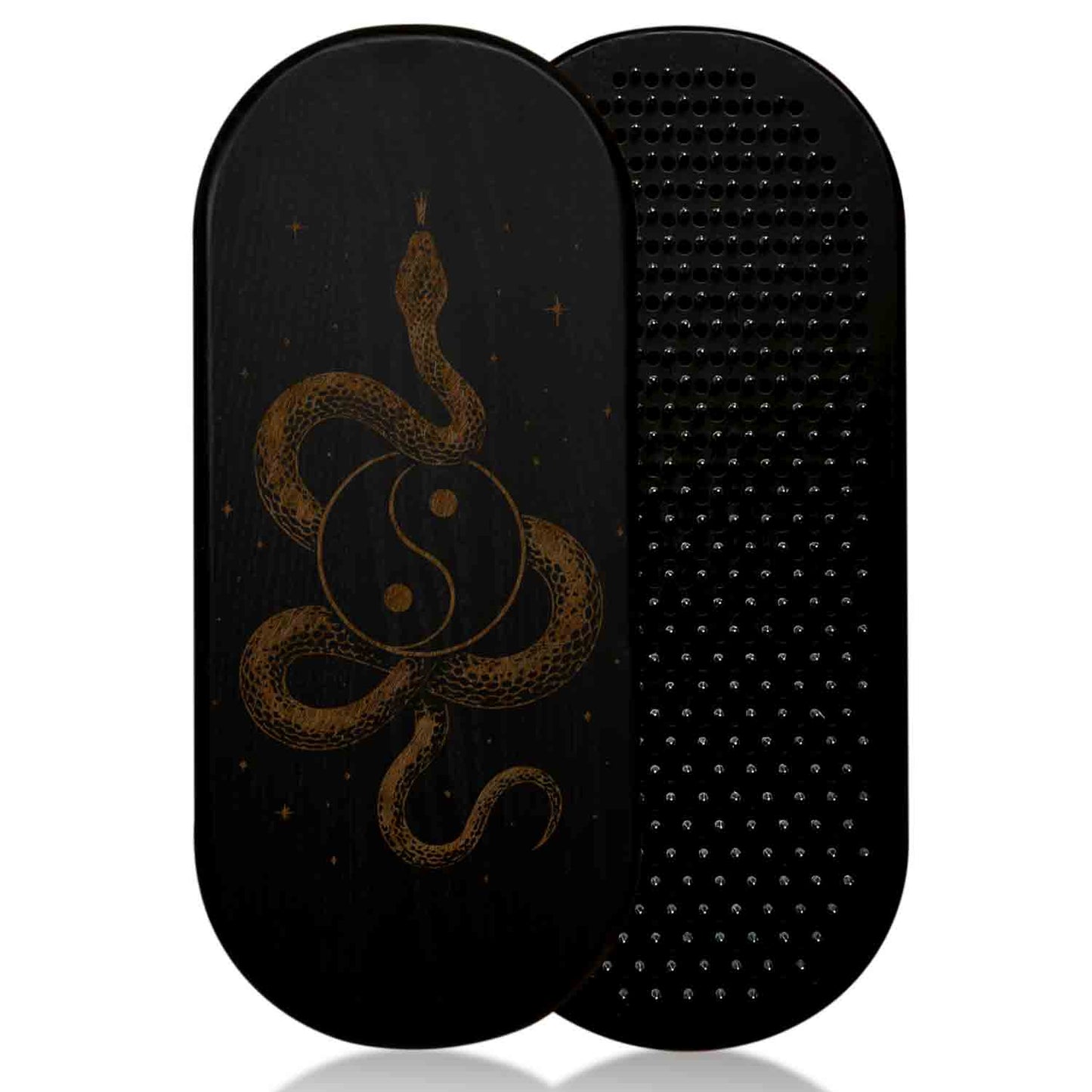 Black sadhu board with a snake and yin-yang design on a white background
