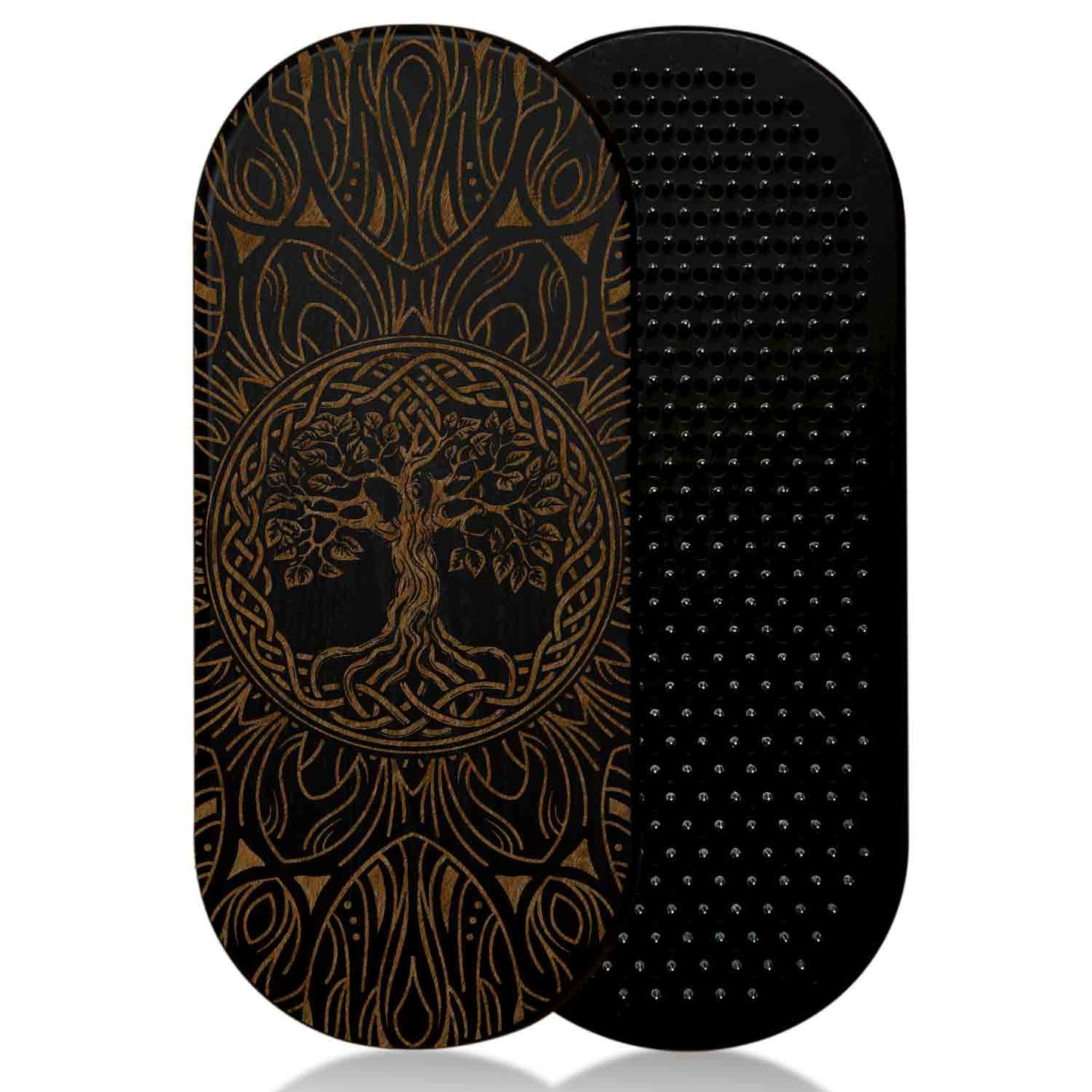Black nail board for yoga with tree-of-life and mandala design on a white background