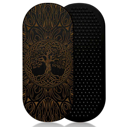 Black nail board for yoga with tree-of-life and mandala design on a white background