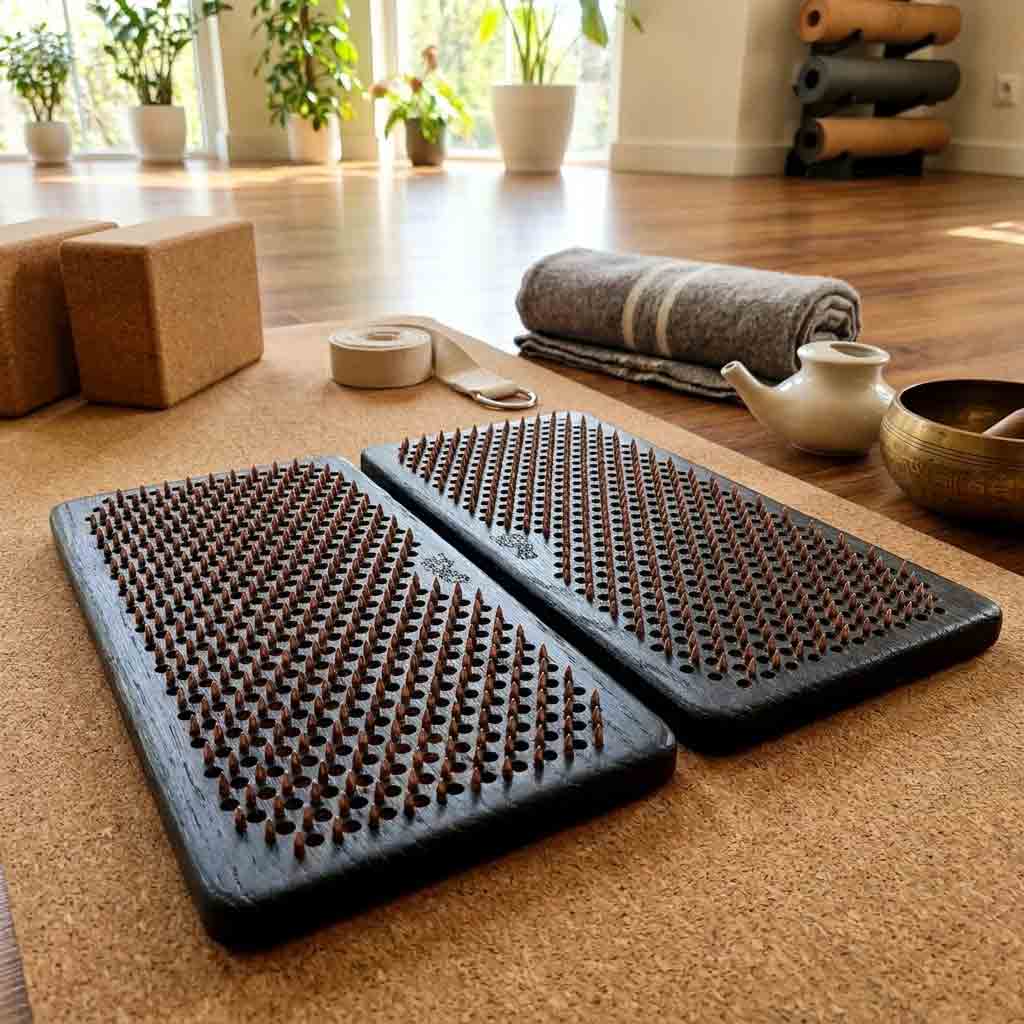Two acupressure mats on a wooden floor with yoga props in the background.