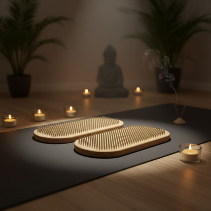 Two wooden sadhu boards 8mm on a dark surface with candles and a Buddha statue in the background.