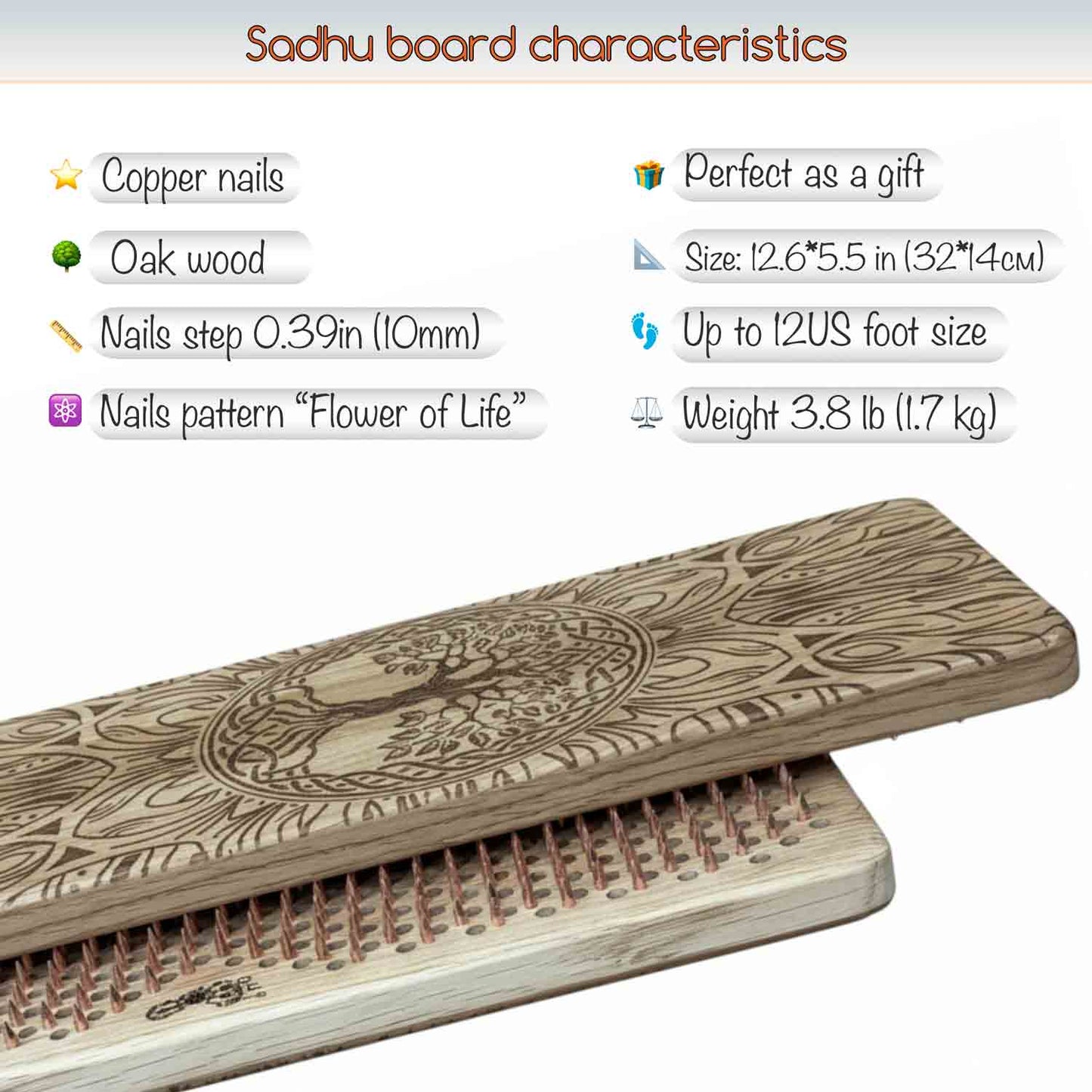 Oak wood Sadhu board with engraved design and copper nails, featuring specifications on a white background.