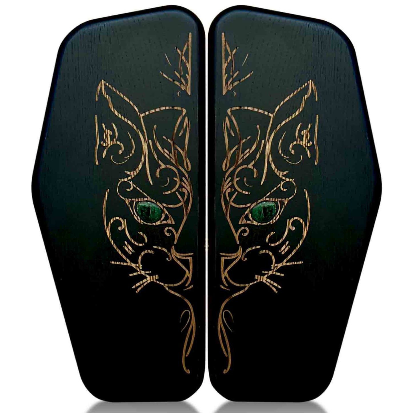 Black Sadhu nail board with cat design with green eyes on a white background