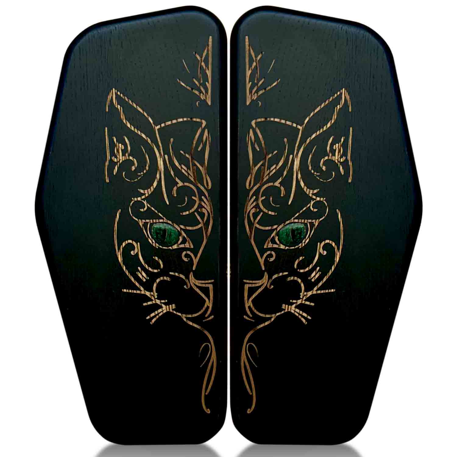 Black Sadhu nail board with cat design with green eyes on a white background