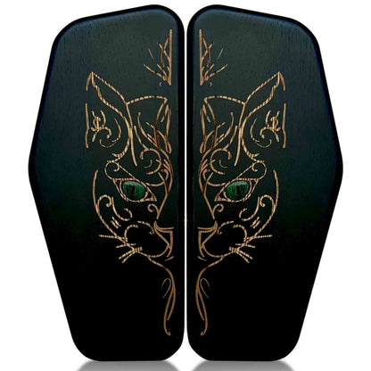 Black Sadhu nail board with cat design with green eyes on a white background