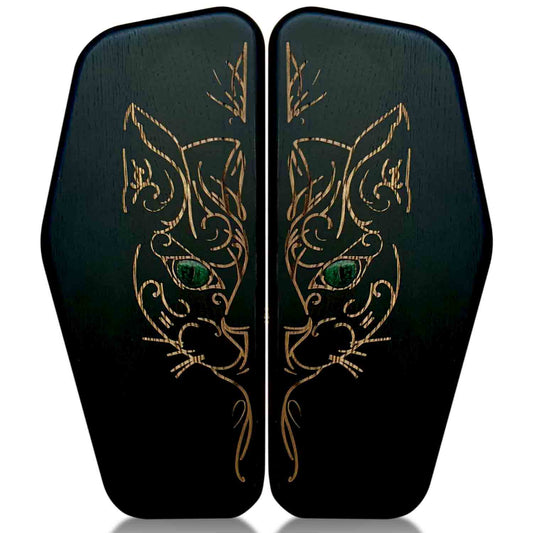 Black Sadhu nail board with cat design with green eyes on a white background