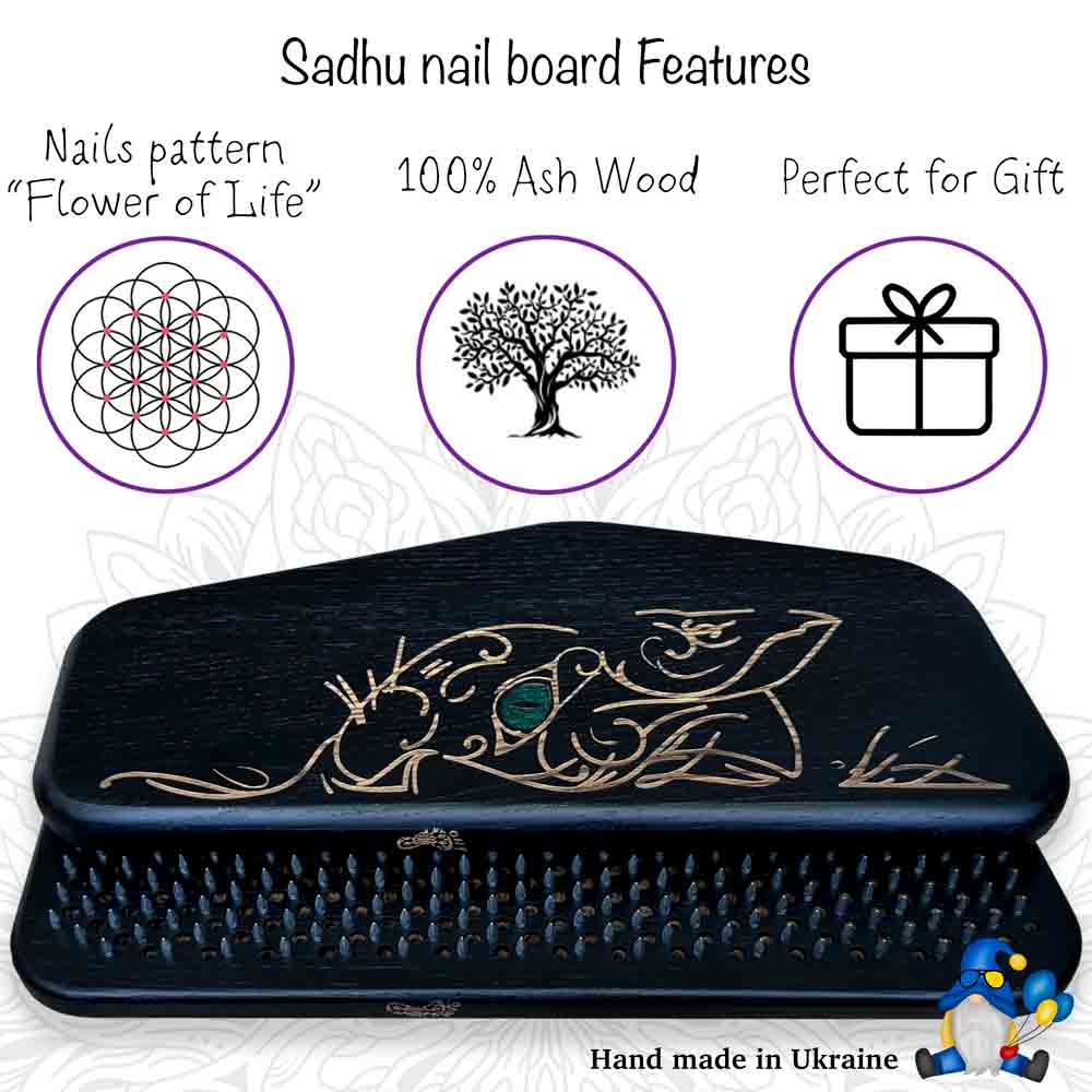 Sadhu nail board with cat design, 100% ash wood, and gift box icon on a white background.