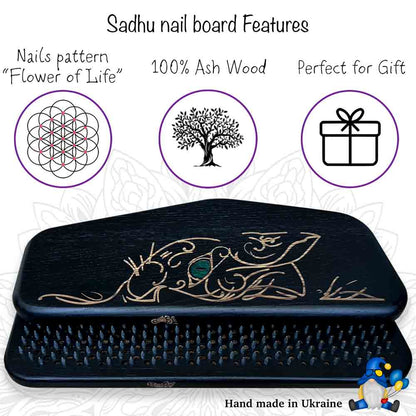 Sadhu nail board with cat design, 100% ash wood, and gift box icon on a white background.