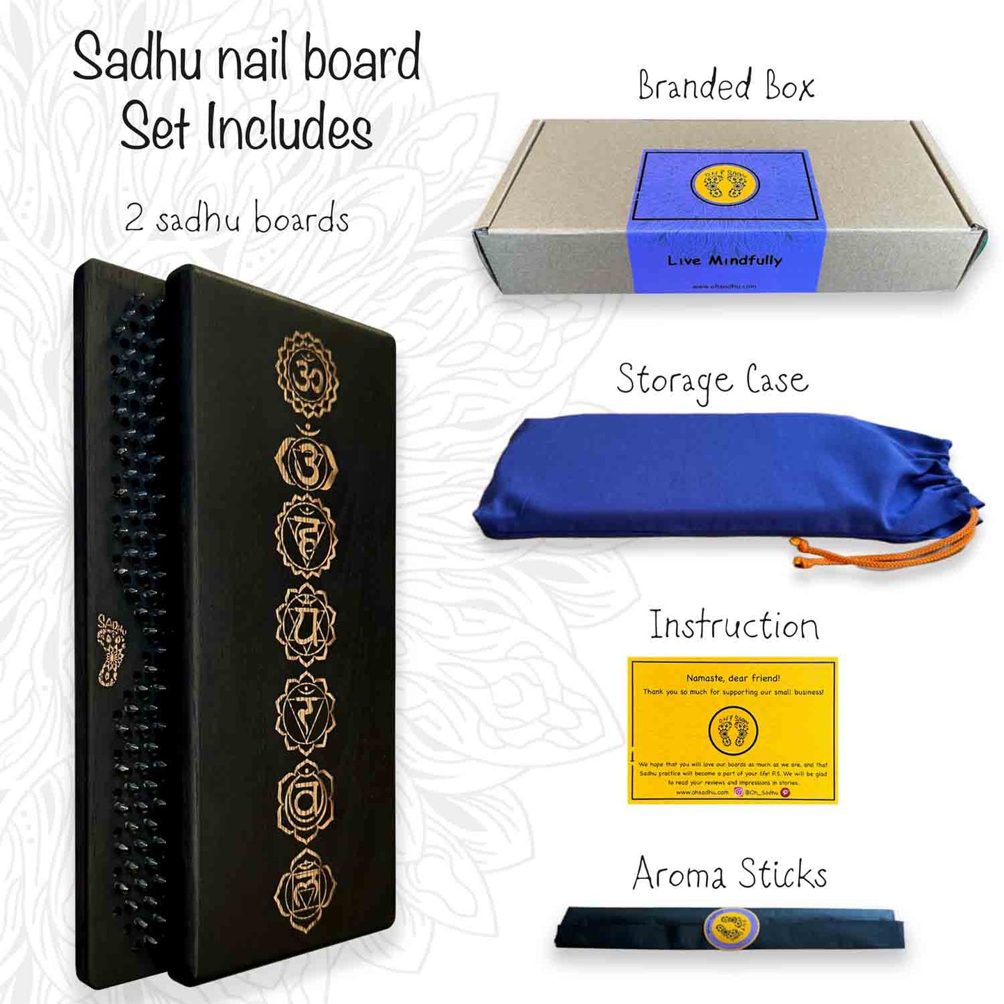 sadhu board set includes box, storage case, instruction, aroma sticks.