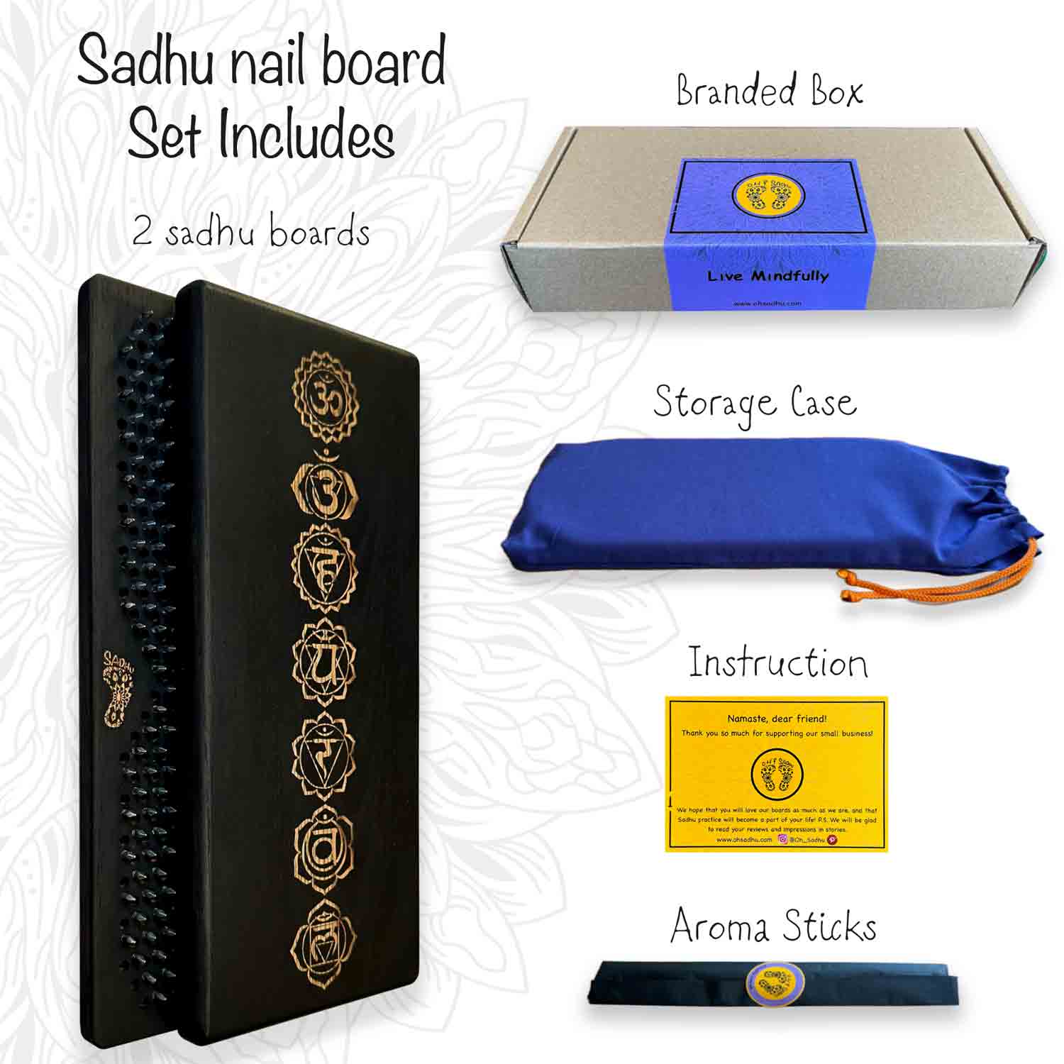 sadhu board set includes box, storage case, instruction, aroma sticks.
