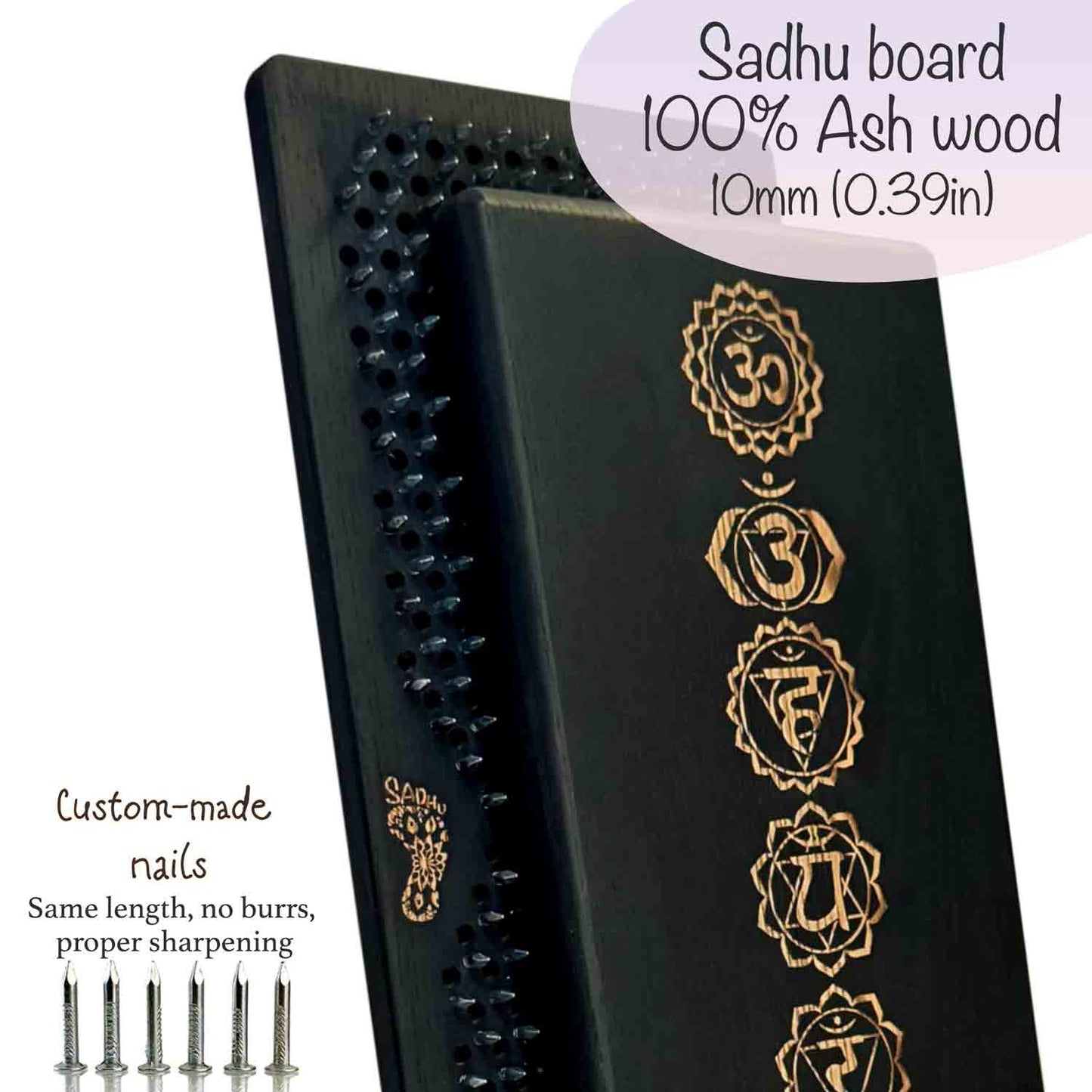 sadhu board made from ash wood in black color with custom-made nails.