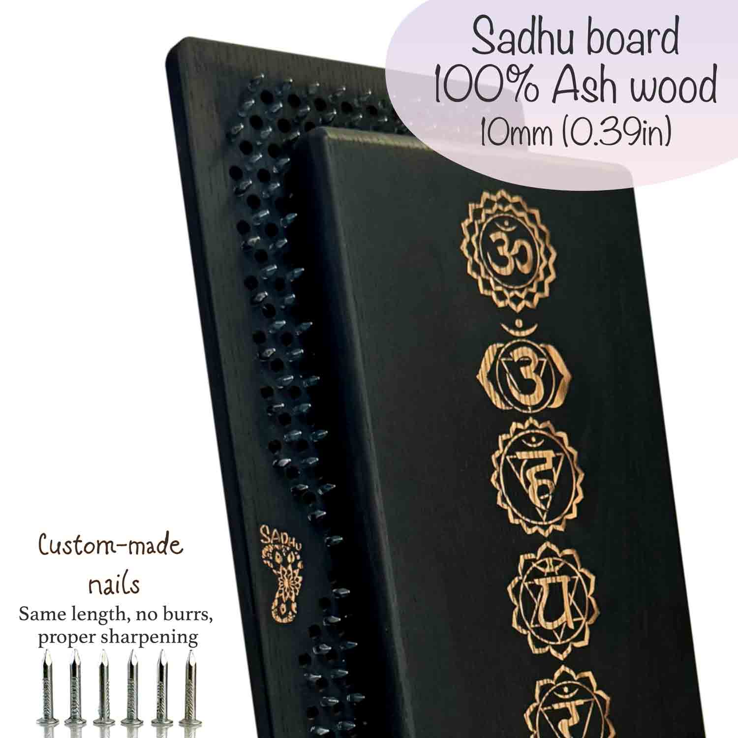 sadhu board made from ash wood in black color with custom-made nails.