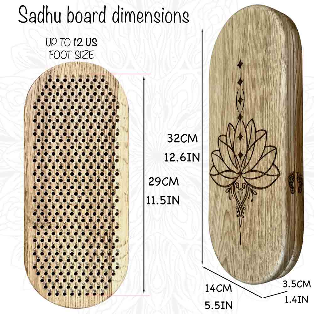 Wooden sadhu nals board with measurements and Lotus and chakras design on a white background