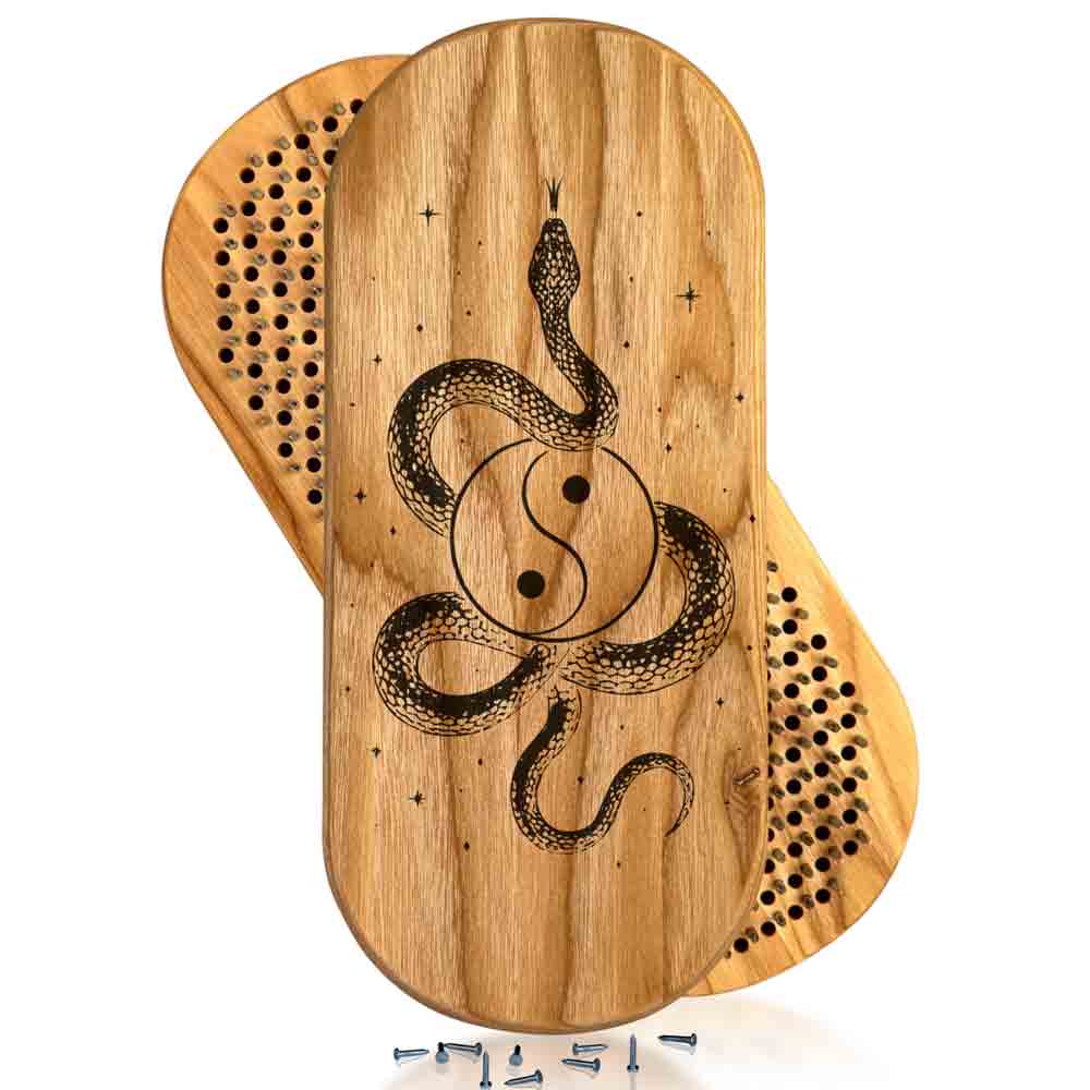 Natural ash wood sadhu board with snake and yin yang engraving