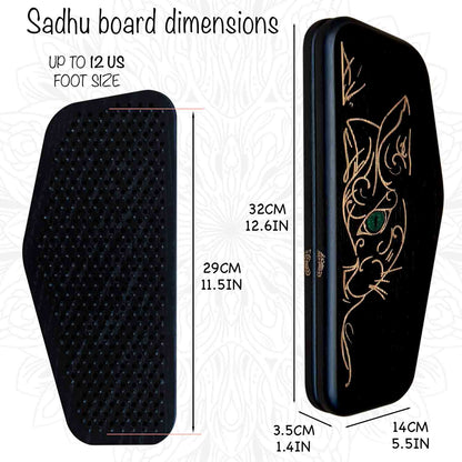 Black Sadhu board with measurements and design details on a white background