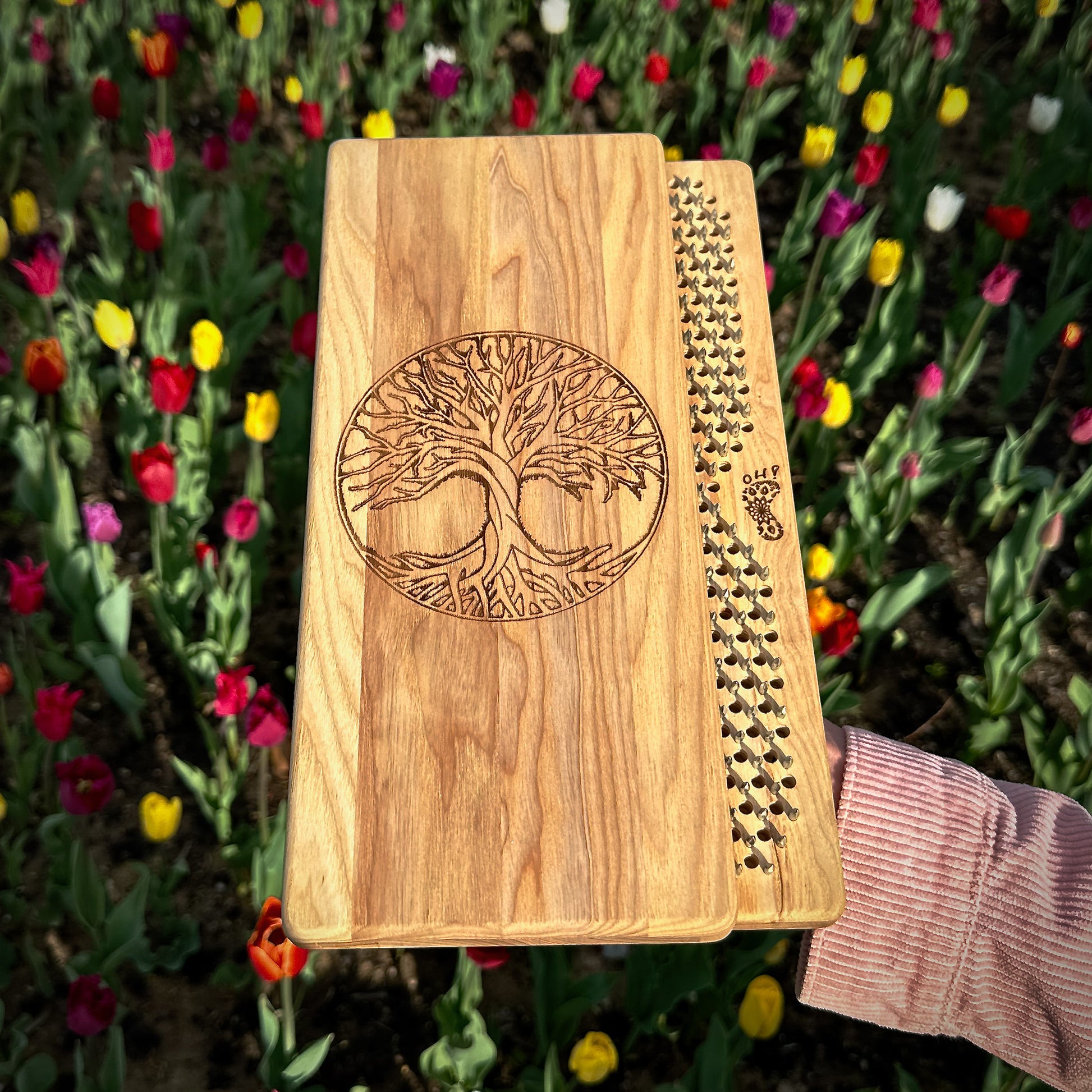 Sadhu board with nails in natural color with engraving tree of life on hand on flowerbed of tulips in background