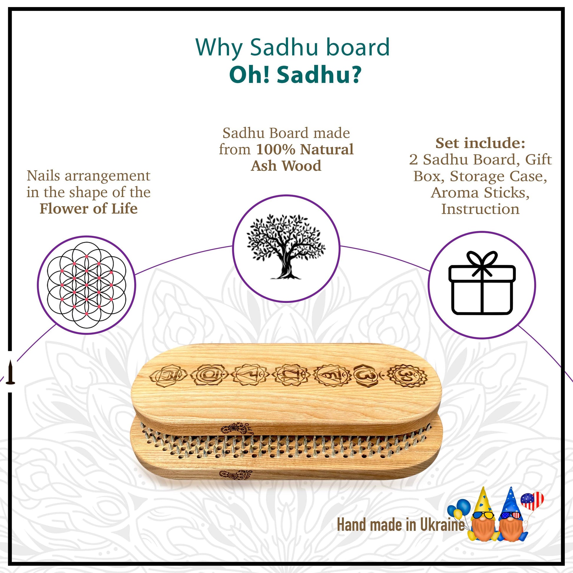 half folded wooden board with nails on background mandala with description of advantages of Oh! Sadhu boards