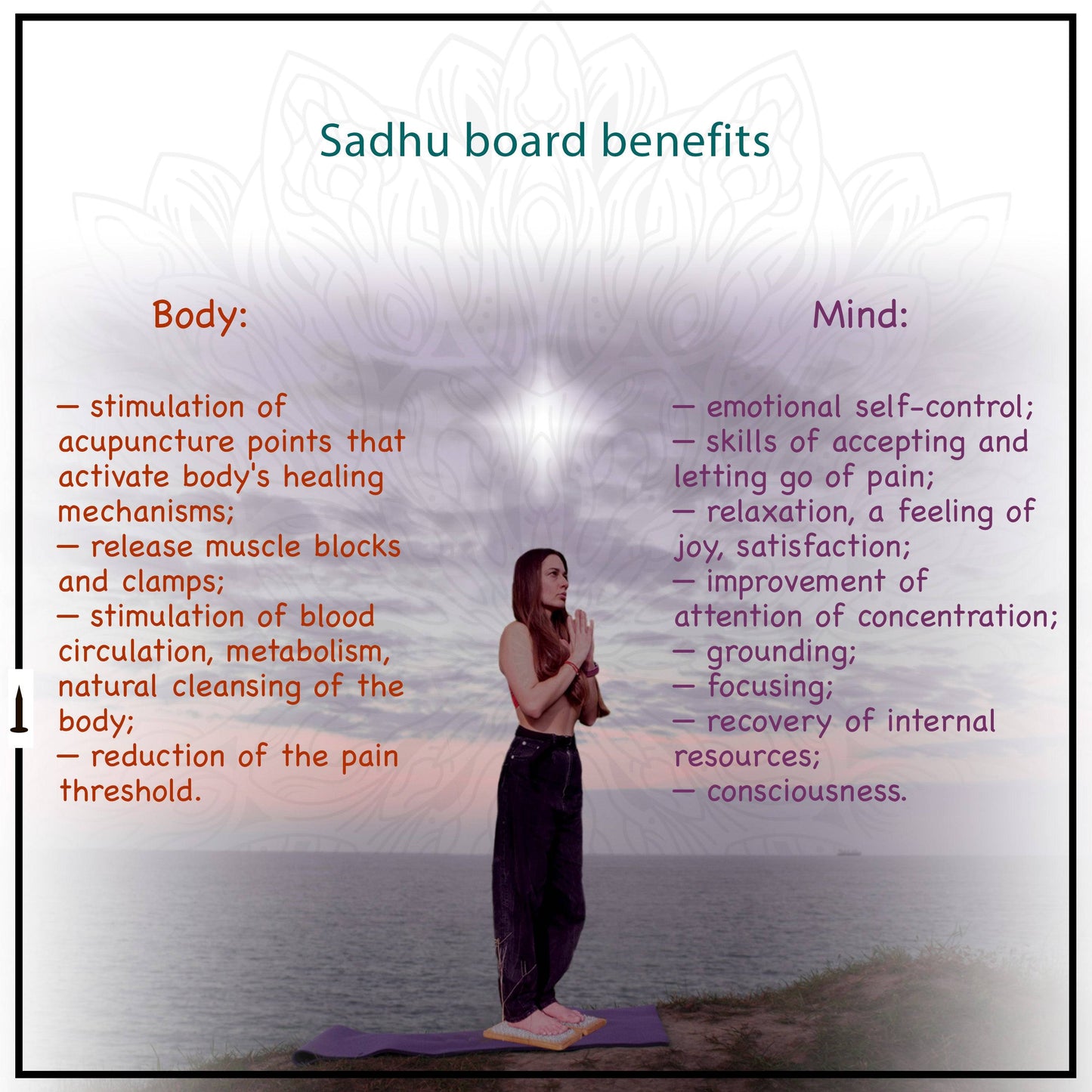 Description of Sadhu board benefits for body and mind. Girl doing Sadhu board meditation practice on the seashore