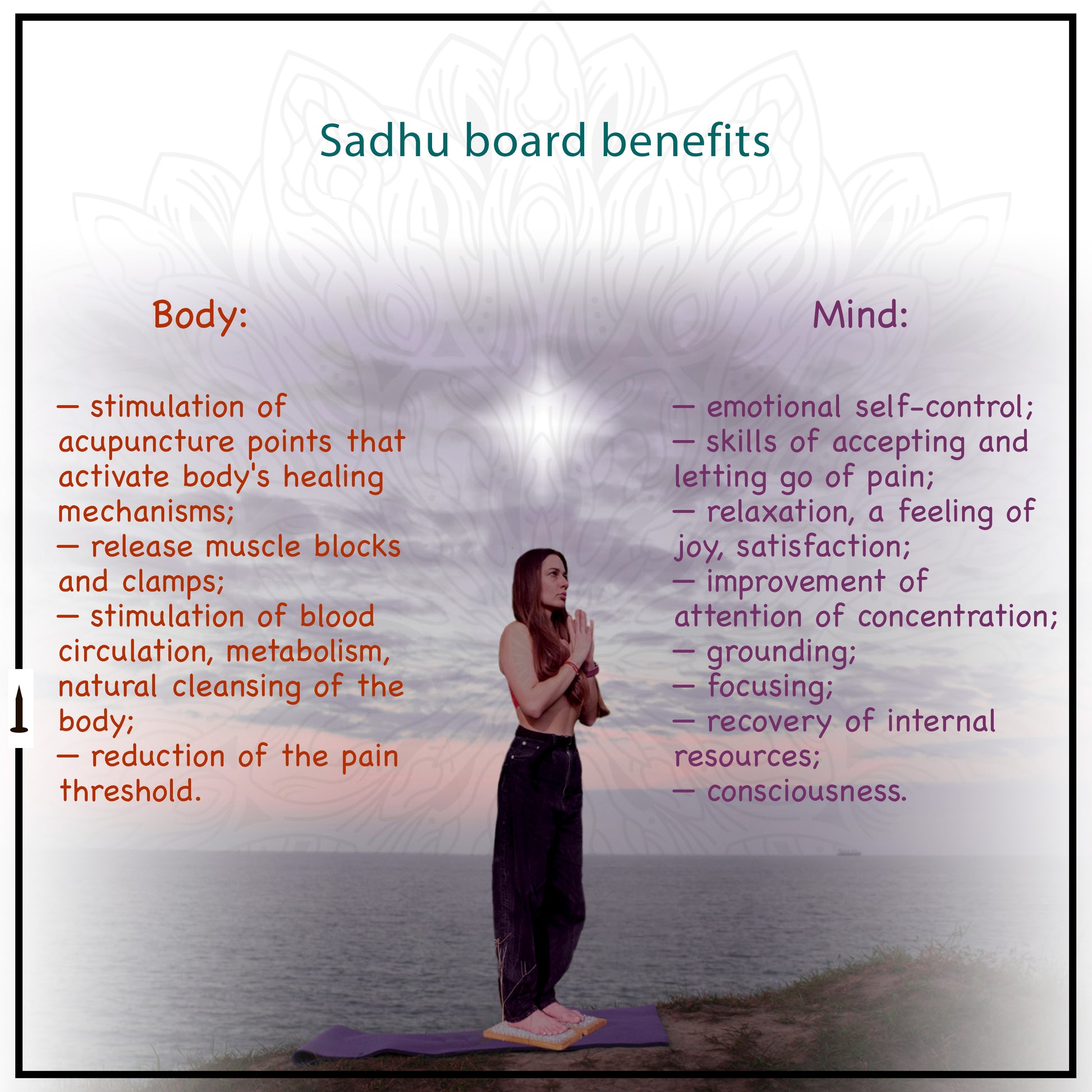 girl standing on nails on seashore list of sadhu board's benefits