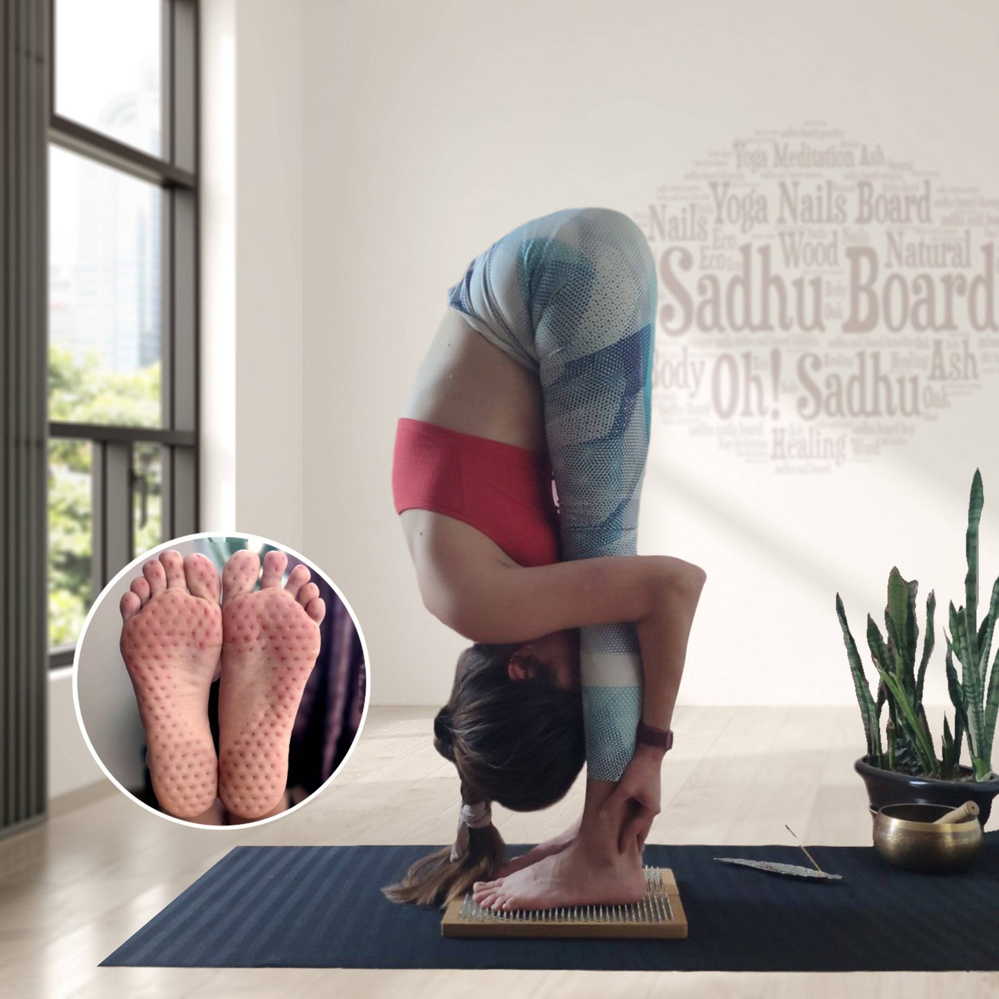 yoga girl in the room standing on wooden board with nails